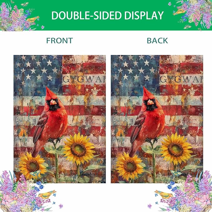 Cardinal Bird House Flag 28x40 Inch Double Sided, Patriotic 4th of July Sunflowers American Burlap Yard Flag for Memorial Day Independence Day Holiday Outside Decorations