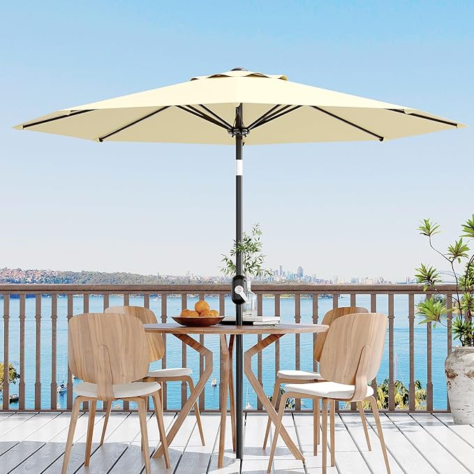 GarveeLife 9FT Patio Umbrella Outdoor, Table Umbrella with Push Button Tilt and Crank, 8 Sturdy Ribs UV Protection Waterproof for Garden, Pool, Market, Deck (Beige)