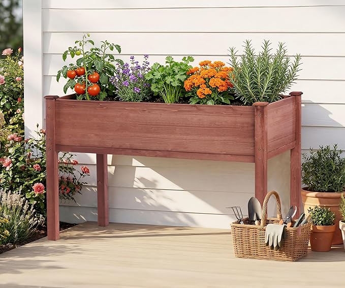 SoliWood Set of 2 Raised Garden Bed with Legs, 48x24x30'', Outdoor Wood Elevated Planter Box, Grey Cedar, Thick Legs, w/Liner