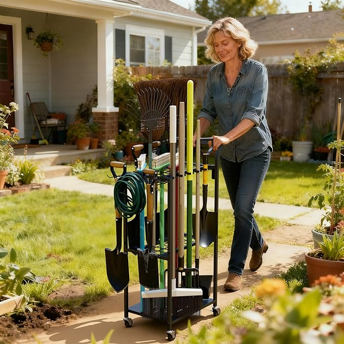Faesun Garden Tool Organizer with Wheels, Heavy Duty Rolling Yard Tool Rack with 14 Hooks & 5 Slots, 3-Tier Metal Cart Holds 50+ Rakes/Shovels/Brooms, Mobile Lawn Storage for Garage Shed Outdoor