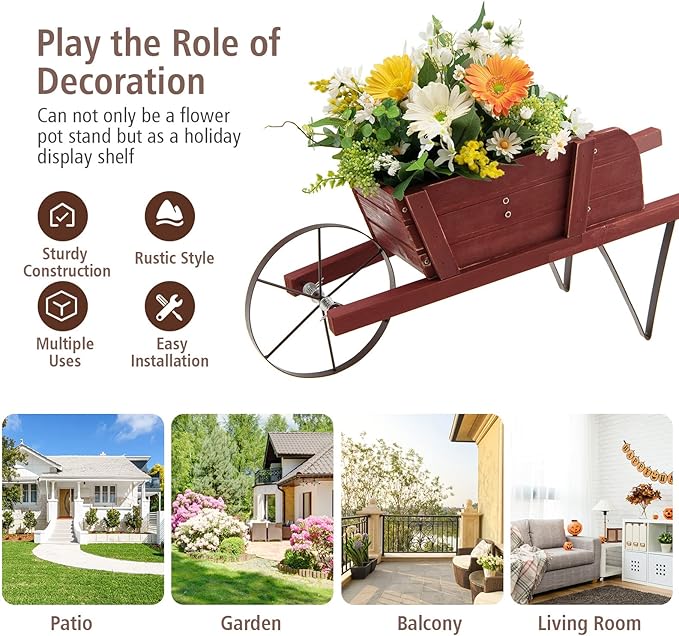 Giantex Wood Wagon Planter, Small Wheelbarrow Wagon Cart, Indoor & Outdoor Decorative Raised Bed W/ 9 Magnetic Accessories, Flower Pot Wheelbarrow Cart for Garden Backyard (Red)