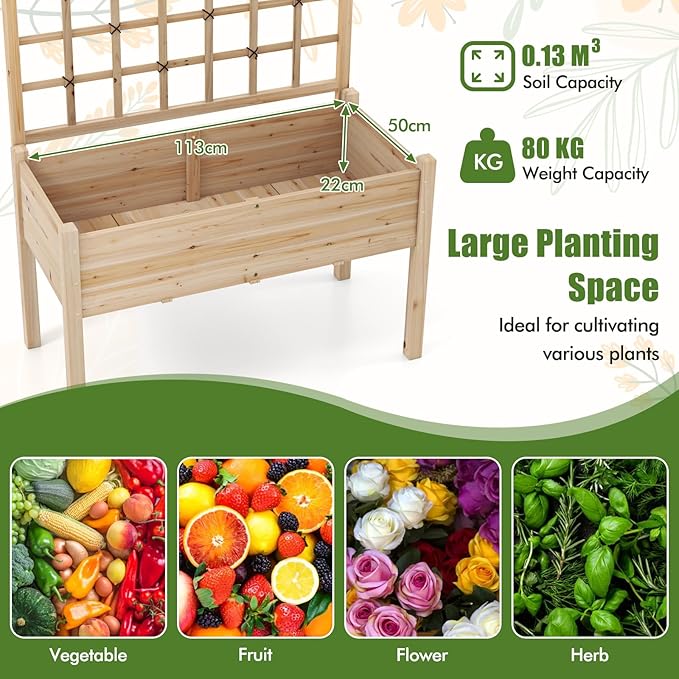 HAPPYGRILL Raised Garden Bed with Lattice Trellis, 4 Drainage Holes, Wooden Elevated Planter Box with Legs for Climbing Vine, Hanging Small Flower Baskets, Outdoor Gardening Planter for Patio Balcony
