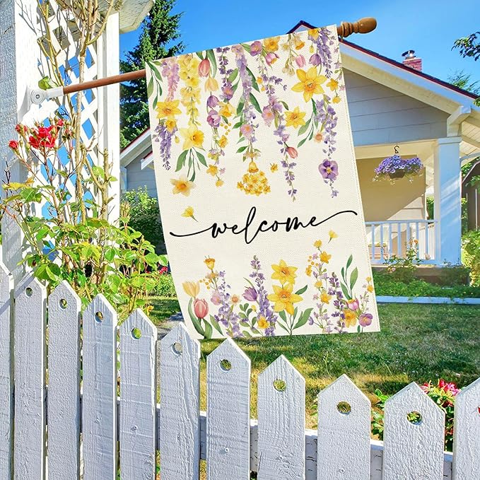 Baccessor Spring Summer House Flag 28 x 40 Inch, Wisteria Daffodil Floral Double Sided Burlap Welcome Large Yard Flag Seasonal Holiday Lawn Proch Outdoor Outside Decor