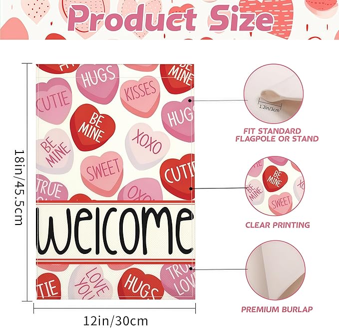 Valentines Day Garden Flag, 12x18 Inch Double Sided Pink Red Love Hearts Welcome Design Hearts Rustic Anniversary Wedding Decor Indoor Outdoor Yard Flag Decoration