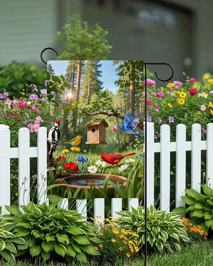 Birdhouse Cardinal Woodpecker Blue Bird with Flowers Lush Woodland Pool Garden Yard Flag 12"x 18" Double Sided Polyester Welcome House Flag Banners for Patio Lawn Outdoor Home Decor
