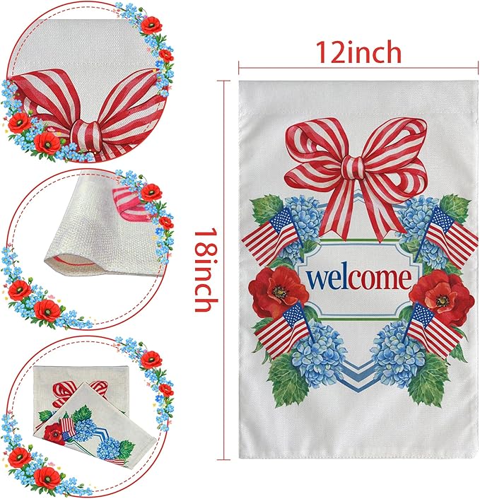 4th of July Decorations - Patriotic Welcome Garden Flag | Fourth of July Floral Wreath Bow Double Sided Banner | 250th Anniversary Accessories Outdoor Outside Decor for Garden Yard Porch Patio Lawn