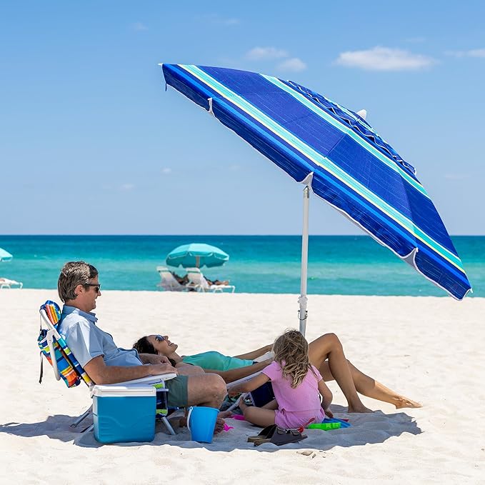 AMMSUN 8 Feet Large Beach Umbrella with Sand Anchor Heavy Duty High Wind Portable Outdoor Umbrellas UV 50+ Protection Air Vent Tilt Patio Garden Pool