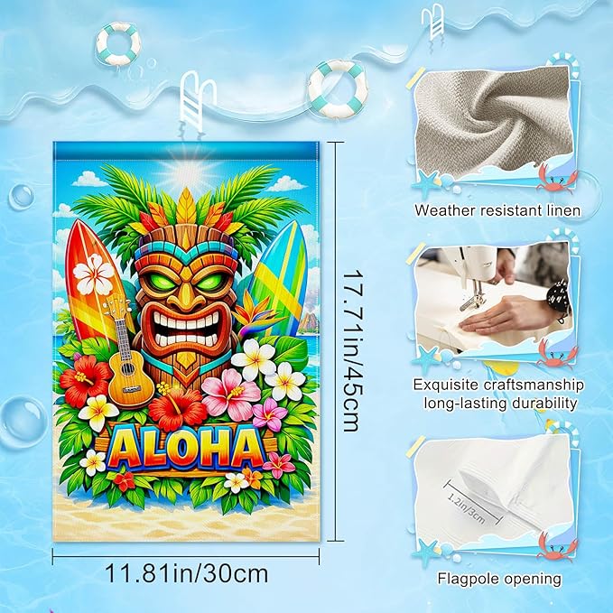 IVN Tropical Tiki Aloha Garden Flag 12x18 Burlap Tiki Mask Palm Leaves Sunshine Beach Ocean Surfboards Hibiscus Flowers Double Sided Summer Outdoor Yard House Flag for Outside Home Front Door Lawn Porch Patio Welcome Summer Decor