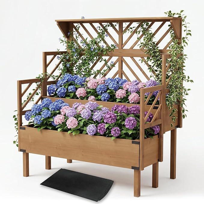 2 Tier Raised Garden Bed with Trellis & Top Shelf, Elevated Wooden Planter Box for Vegetables Flowers Herbs, Outdoor Vertical Gardening Planter for Backyard Patio Balcony