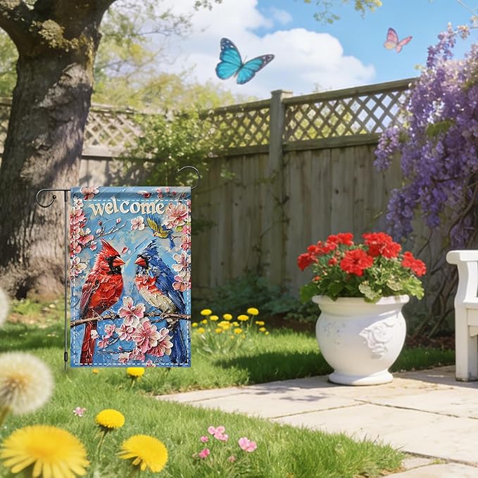 Nuxovilar Garden Flag Banner Cardinal Pair & Cherry Blossom Design 12x18in Polyester Garden Flags for Outside Yard Patio
