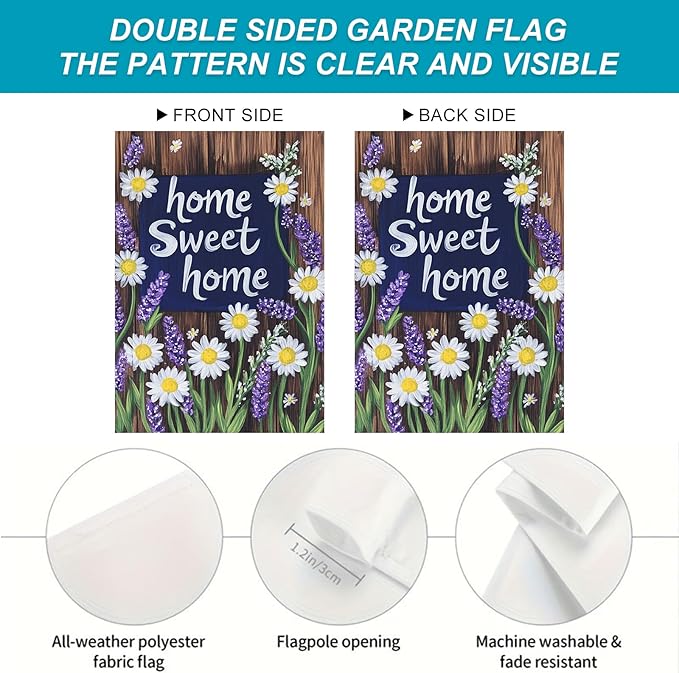 BlissYard Home Sweet Home Garden Flag 12x18 Inch Welcome Yard Flag with Daisy and Lavender Flowers Double Sided Outdoor Floral Banner for Porch Patio Spring Summer Garden Decor