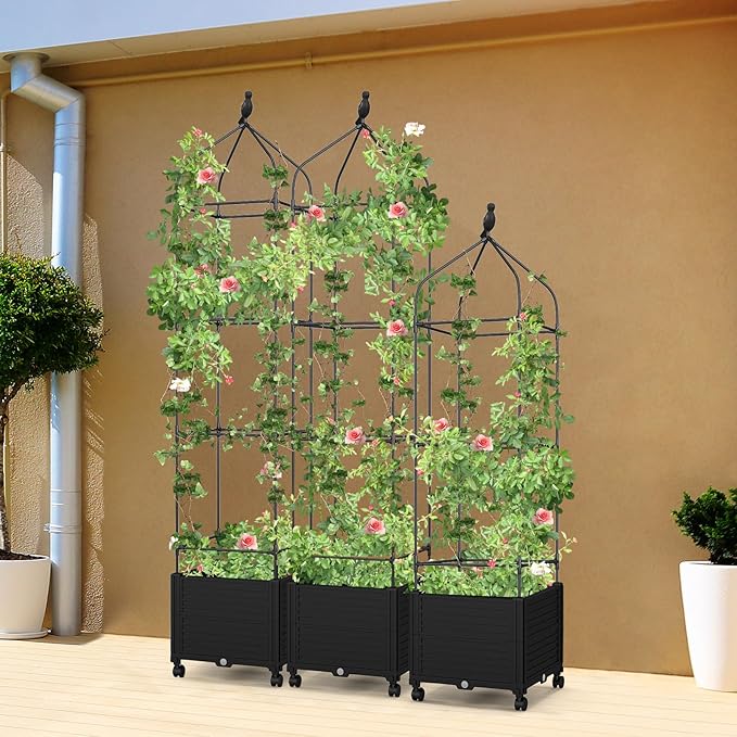 Giantex Raised Garden Bed with Tomato Cages, Obelisk & Bird Top, 10 Fasten Straps, Gloves, 83” 67” 51” Adjustable Height, Self Watering Planter Box with Wheels & Trellis for Climbing Plants