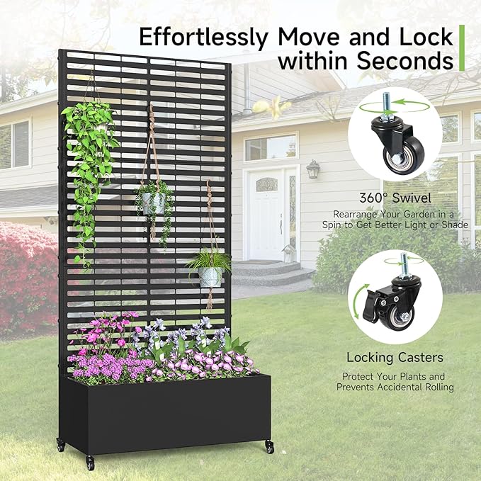 Metal Raised Garden Bed with Trellis and Wheels, 73" x 35" x 16" Planter Box with Trellis with Drainage Holes, Privacy Planters for Patio with Privacy Screen for Climbing Plants Flowers Vegetables