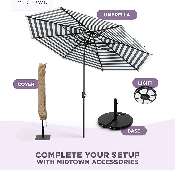 Midtown Umbrellas - 10-Year-No-Fade 6 Ft Patio Umbrella with Terylast Fabric, Auto-Tilt Aluminum Frame and 8 Reinforced Ribs for Deck, Pool, Garden & Beach - Grey/White Stripes Canopy, Black Pole
