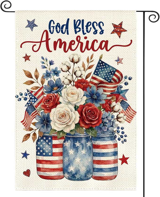 AVOIN colorlife God Bless America Mason Jar Patriotic Garden Flag 12x18 Inch Double Sided Outside, 4th of July Memorial Day Stars and Stripes Floral Yard Outdoor Decoration