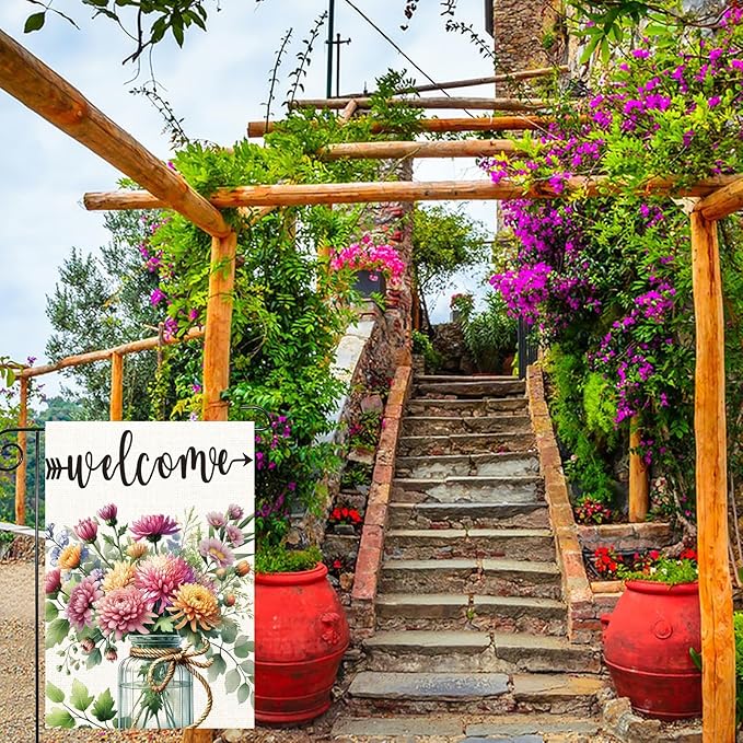 Summer Welcome Garden Flag Floral Mason Jar Double Sided 12x18 Inch Seasonal Welcome Yard Porch Decoration,for Outside Farmhouse Yard Outdoor Flag Outdoor Decoration
