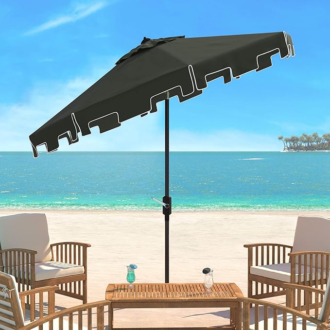 SAFAVIEH 9ft Outdoor Patio Umbrella, Round, Zimmerman Collection, Green & White Trim, Button Tilt, UV Resistant for Deck, Backyard, Poolside (PAT8000B)