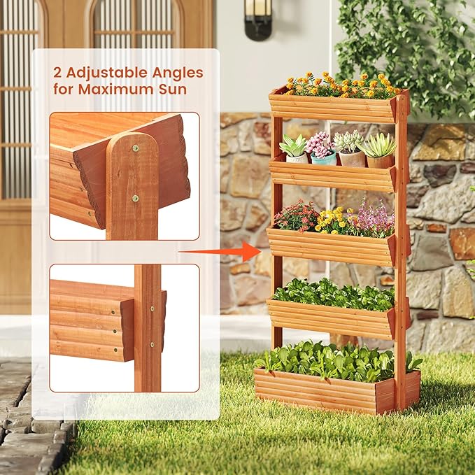 GHWIE Wooden Garden Planter Box, Raised Bed with Vertical Plant Rack, Indoor Outdoor Flower Herb Vegetable Stand (Reddish-Brown, 5 Tier)