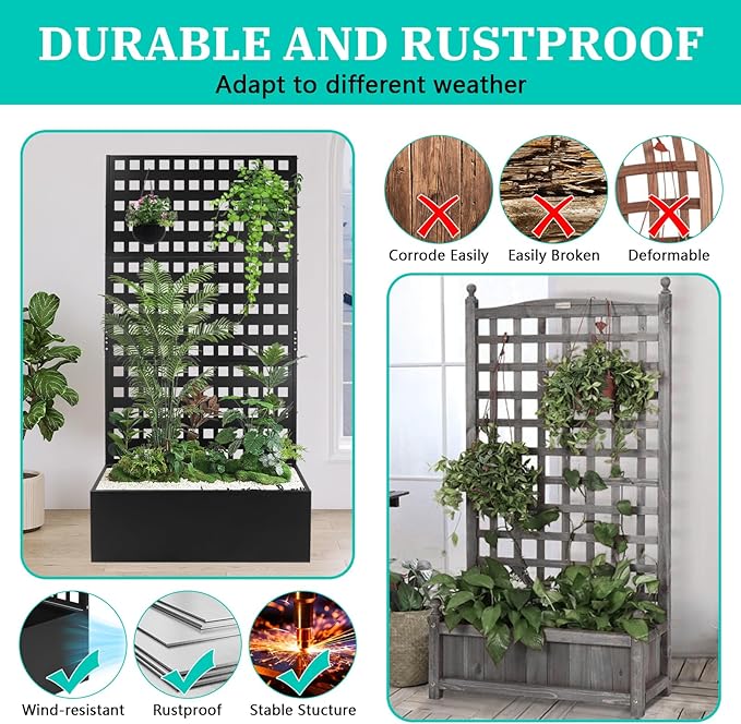 Metal Planter Box with Trellis Raised Garden Bed with Drainage Holes， Privacy Planters for Patio as a Privacy Screen for Climbing Plants Outdoor (35x18x71Inch)