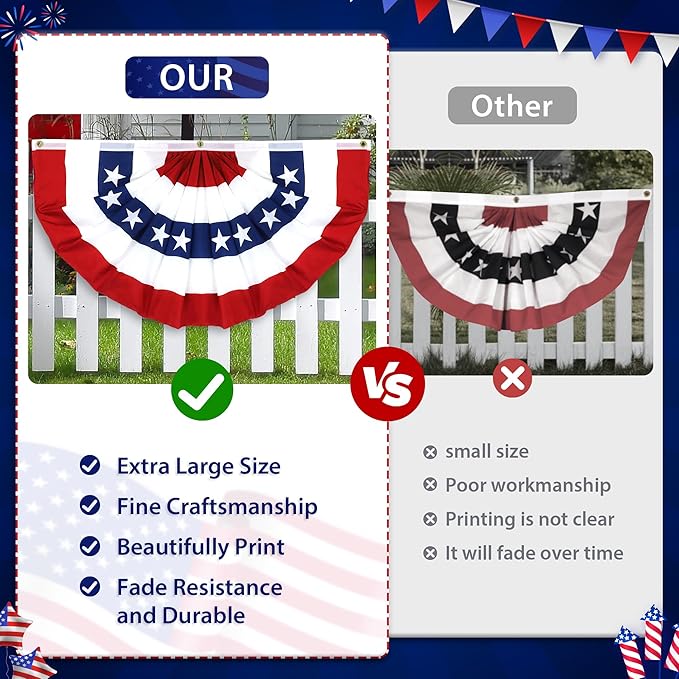1.5x3 FT American Pleated Fan Flag 6 Pack, Patriotic Half Fan Bunting Flag, Patriotic Decorations, Outdoor for 4th of July Decoration, Memorial Day, Party Decor, Porch, Banners