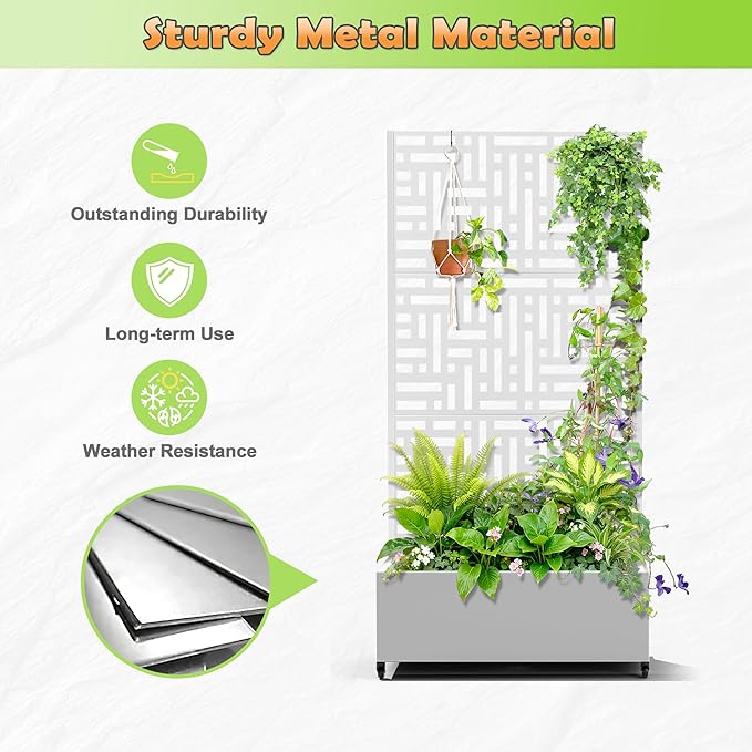 Metal Raised Garden Bed with Trellis, 2-in-1 Planter Box & Privacy Screen for Climbing Plants, Outdoor Standing Flower Bed with Drainage Holes, 35.4" L x 15.7" W x 70.1" H, White-Helen