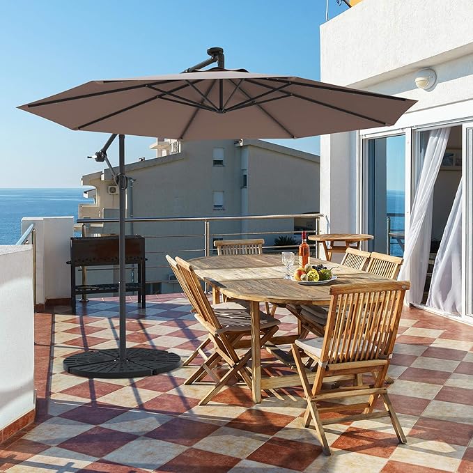 Tangkula 10 FT Solar Patio Umbrella, Offset Cantilever Outdoor Umbrella with 360 Degree Rotation, Aluminum Pole, Easy Tilt Adjustment, Crank Handle & Cross Base for Pool Deck Garden Backyard