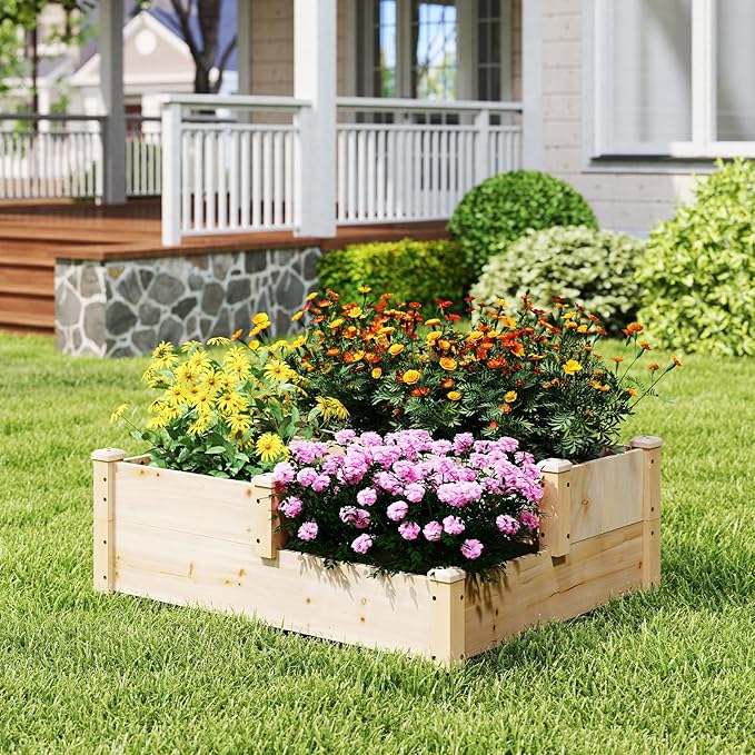 S AFSTAR 3-Tier Raised Garden Bed, Outdoor Elevated Planter Box for Vegetable Fruit Herb Flower Solid Fir Wood Planter Kit with Open-Ended Base, Gardening Planter for Garden Yard Lawn Backyard