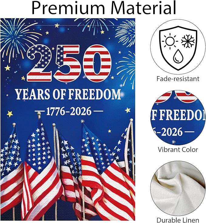 250th Anniversary Garden Flag 12x18 Inch Burlap，Freedom Yard Sign 4th of July Double-Sided 1776-2026 Commemorative Yard Flag Patriotic Outdoor Decoration