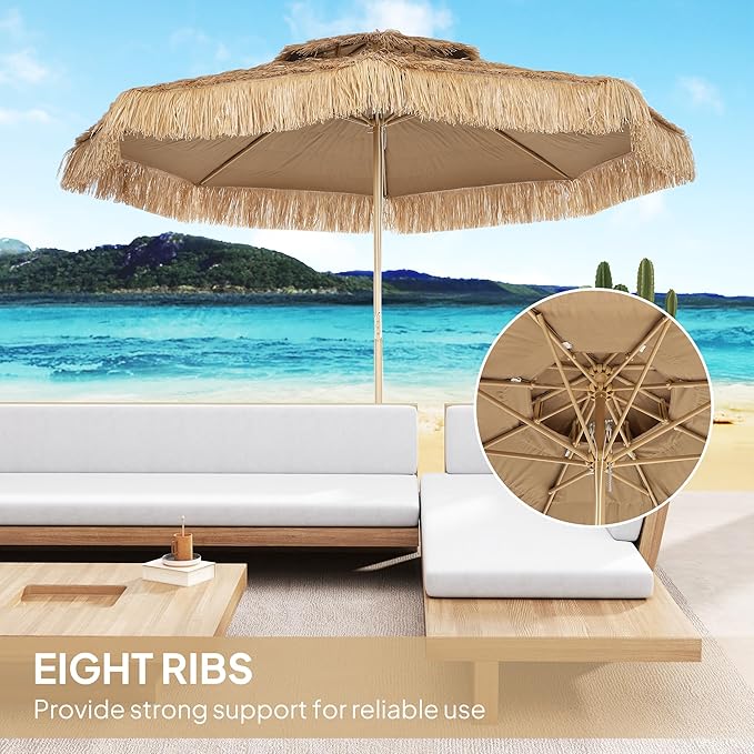 Outsunny 10FT Hula Thatched Tiki Patio Umbrella, 2-Tier Tropical Hawaiian Style Outdoor Umbrella with 8 Ribs, UPF30+, for Garden, Backyard, Deck, Pool, Natural