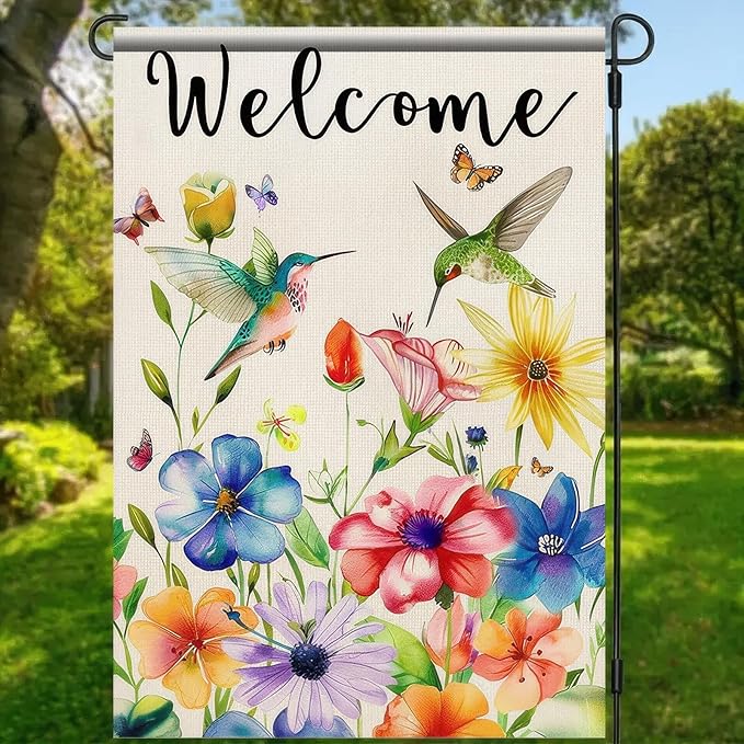 BlissYard Spring Summer Welcome Garden Flag 12 x 18 Inch Double Sided Hummingbird Spring Flowers Yard Flag Sparrow Bird Seasonal Yard Holiday Outdoor Flag Home Decor
