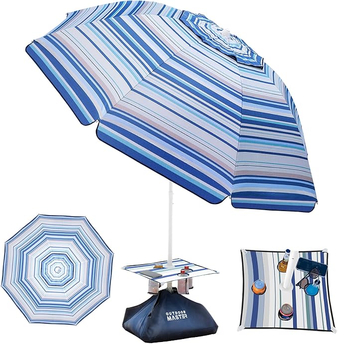 OutdoorMaster Beach Umbrellas for Sand with Sandbag & Anchor, 7.2ft Adjustable Umbrella for Beach Heavy Duty Wind, Portable UPF50+ Sunshade with Carry Bag for Patio