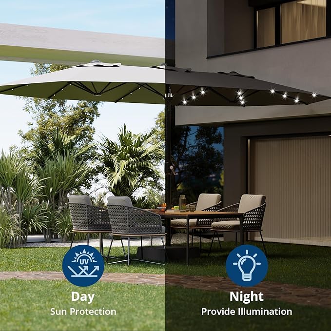 15FT Outdoor Patio Umbrella,Double-Sided Rectangle Market Umbrella with 36 LED Solar Lights & Base,UV50+ Weather-Resistant Oversized Outdoor Umbrella,Crank Lift,3-Way Shade for Pool,Garden,Backyard