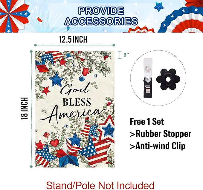 Baccessor Patriotic Garden Flag 12.5 x 18 Inch, Double Sided Burlap 4th of July Memorial Day Stars Floral Welcome Small Yard Flag for Porch Patio Seasonal Holiday Outdoor Outside Decor
