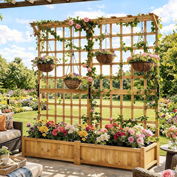 Aoxun 108" Raised Garden Bed with Trellis, Wood Planter Container with Hanging Roof & Garden Boxes for Climbing Plants Flowers Vine (3 piece)