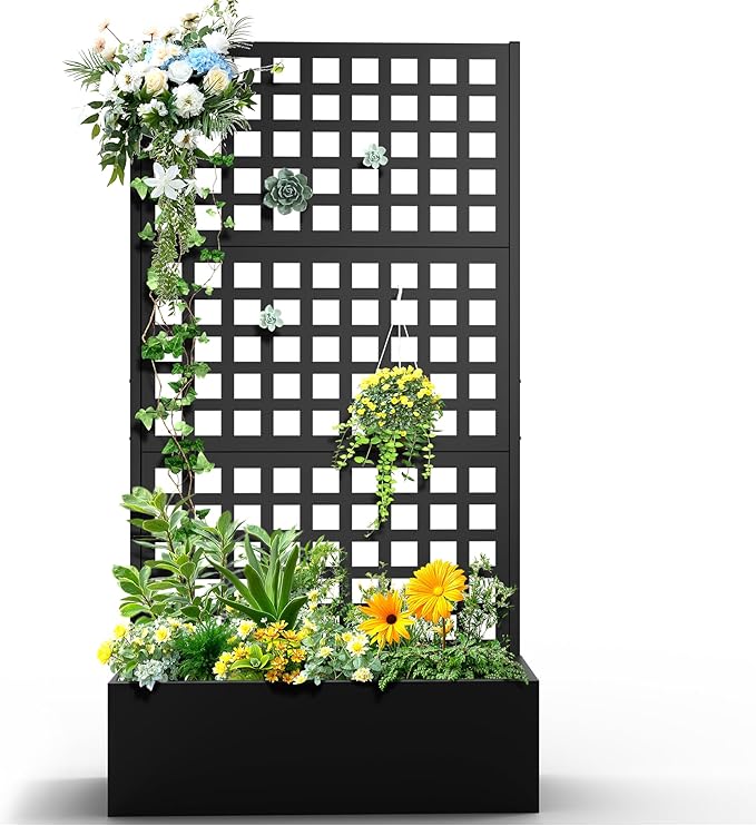 Metal Raised Garden Bed, Trellis Planters Bed with Drainage Holes for Climbing Plants, Vegetables Outdoor Privacy Screen with Planter Box 73"x35"x16", Black