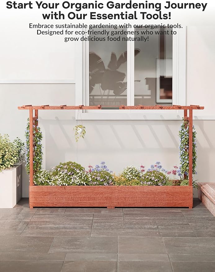 GarveeLife Raised Garden Bed with Trellis, 45 in Wood Planter Box with Side Trellis, Hanging Roof, and 4 Drainage Holes, Freestanding Elevated Garden Bed for Climbing Plants, Vines, Flowers