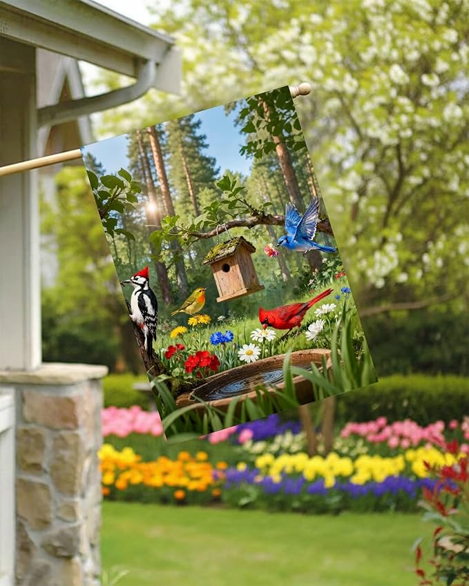 Birdhouse Cardinal Woodpecker Blue Bird Flowers Lush Woodland House Flag 28" x 40" Double Sided Polyester Welcome Large Yard Garden Flag Banners for Patio Lawn Home Outdoor Decor