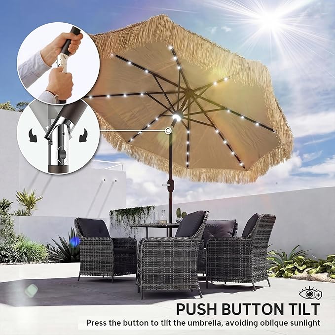Outsunny 9 ft Hula Thatched Tiki Patio Umbrella with LED Solar Light, Tropical Hawaiian Style Outdoor Umbrella with Crank, Tilt, UPF30+, for Garden, Backyard, Deck, Pool, Khaki