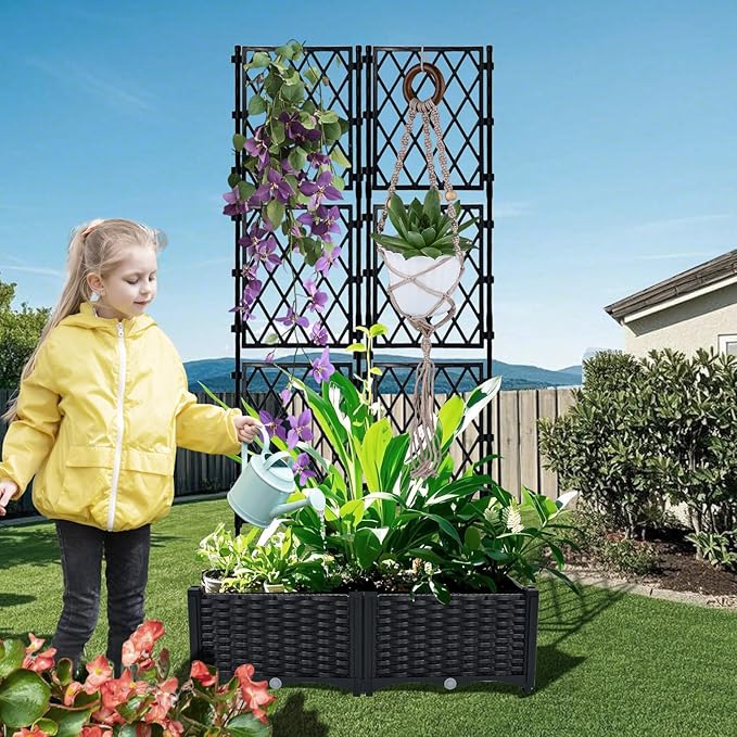 Planter with Trellis - Raised Garden Bed with Trellis 75.5"x31.5"x16", Privacy Screen Planter Box with Drainage Hole, Outdoor Raised Garden Bed for Climbing Plants