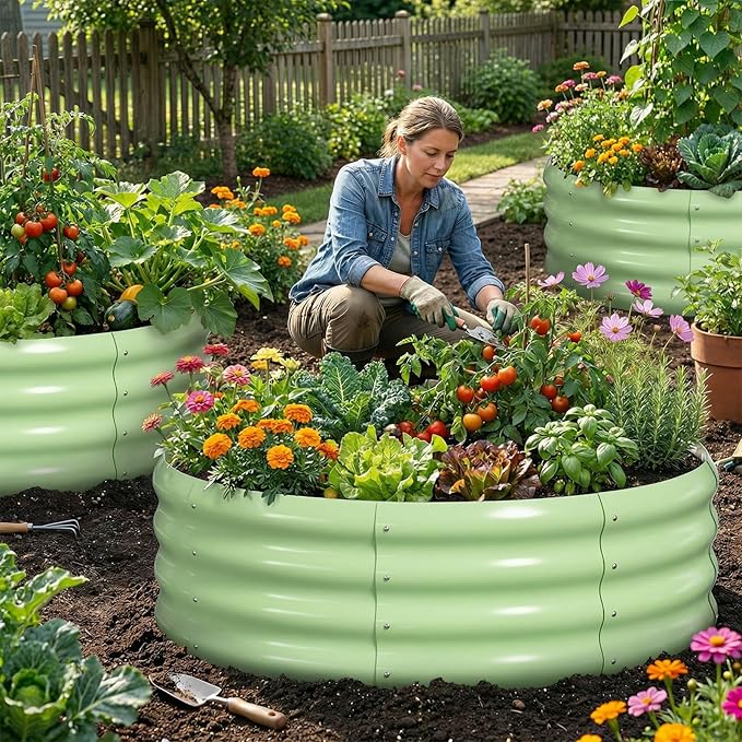 DoCred 3 Pack 3x3x1Ft Round Galvanized Raised Garden Bed, Metal Garden Bed Outdoor Kit for Gardening, Above Ground Planter Box for Plants Vegetables Herbs Flowers, Green