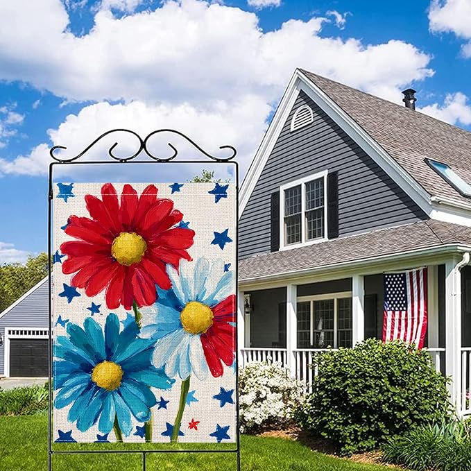 Patriotic Red White Blue Daisy House Flag 28x40 Inch, Double-Sided Floral Burlap Large Yard Flag, Rustic American Stars Flower Outdoor Flag for Porch Independence Day Decor