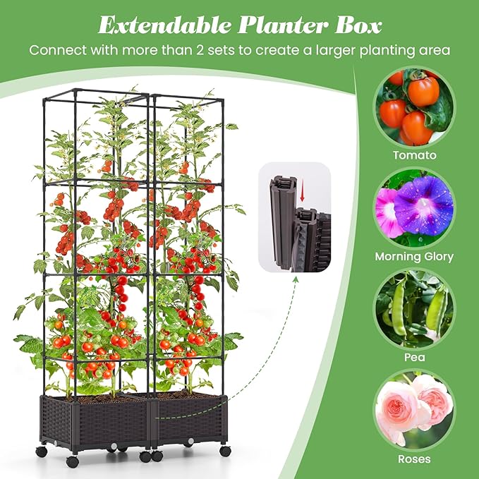 S AFSTAR Raised Garden Bed with Tomato Cage, 67" Planter Box W/Trellis & Lockable Wheels, Free Height Combination Self-Watering Plastic Garden Box Plant Container for Climbing Plants Vegetable (2)