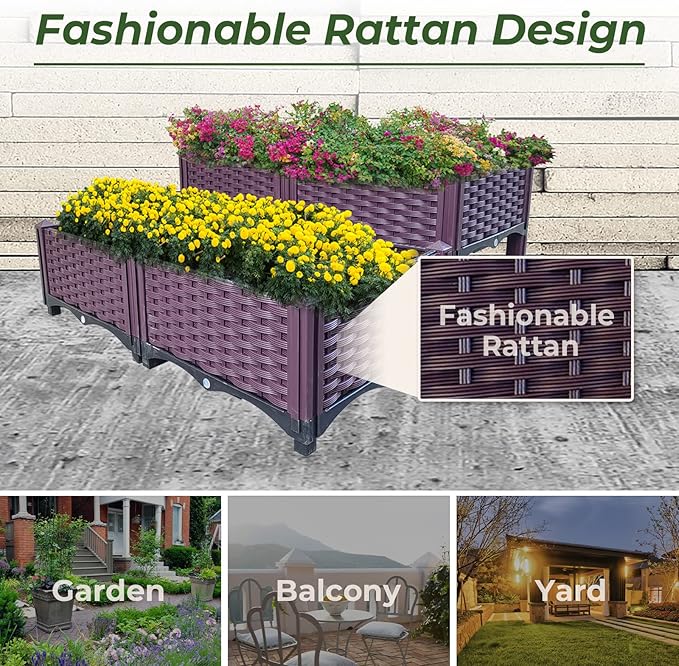 Doppy Plastic Raised Garden Bed Set of 4, Garden Bed Planter Kit for Outdoor Indoor Plants Elevated Garden Boxes Plant pots for Vegetables, Standing Garden Container for Backyard, Patio