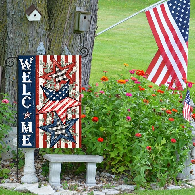 Welcome 4th of July Garden Flags 12x18 Inch Double Sided, Patriotic American Stars and Stripes Small Summer Decoration for Holiday Yard Memorial Day,250th Years America Anniversary Outdoor Decor