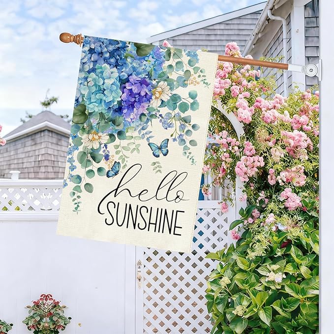 Baccessor Hydrangea House Flag 28 X 40 Inch, Blue Summer Double Sided Burlap Welcome Large Yard Flag Seasonal Holiday Lawn Proch Outdoor Outside Decor