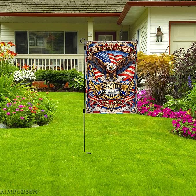 Stained Glass Patriotic Garden Flag 12x18 Inch, 250th Anniversary 1776-2026 American Eagle Flag, 4th of July Independence Day Yard Outdoor Decor, Double Sided Burlap
