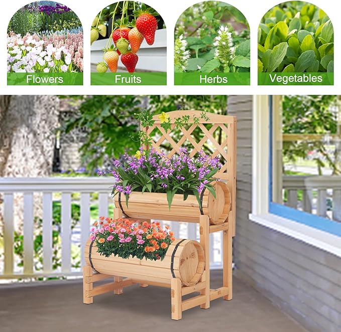 kinbor Outdoor Wood Raised Garden Bed, Raised Planter Box, Planter with Trellis, Elevated Garden Bed for Gardening, Vegetables, Flowers, Climbing Plants Growing Garden Balcony Patio Yard