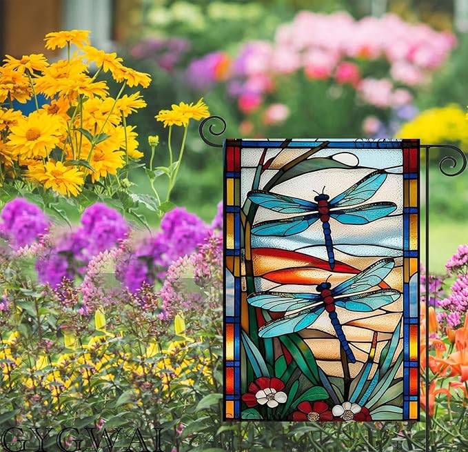 Spring Dragonfly Garden Flag 12x18 Inch Double Sided, Stained Glass Small Burlap Yard Flag for Summer Farmhouse Holiday Outside Decoration