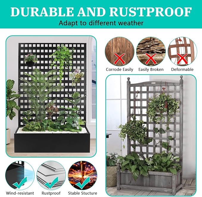Metal Planter Box with Trellis Raised Garden Bed with Drainage Holes， Privacy Planters for Patio as a Privacy Screen for Climbing Plants Outdoor (46x18x71Inch)