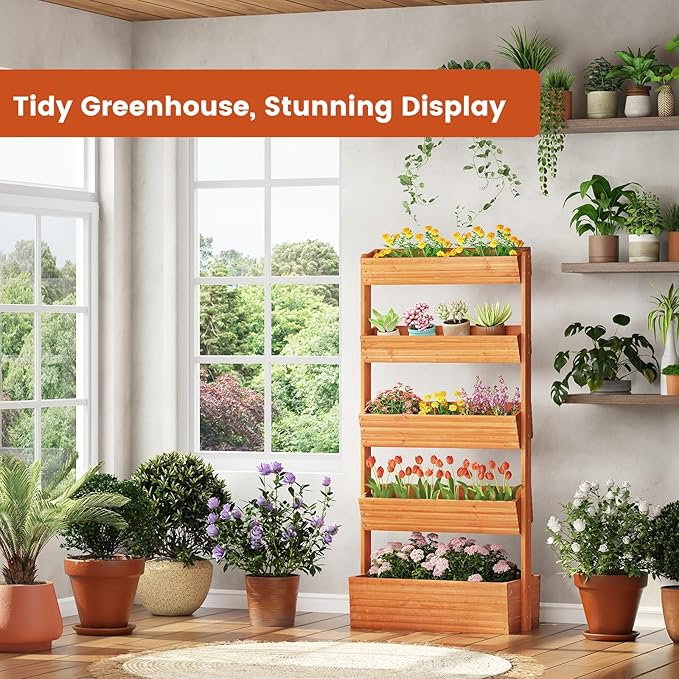 GHWIE Wooden Garden Planter Box, Raised Bed with Vertical Plant Rack, Indoor Outdoor Flower Herb Vegetable Stand (Reddish-Brown, 5 Tier)